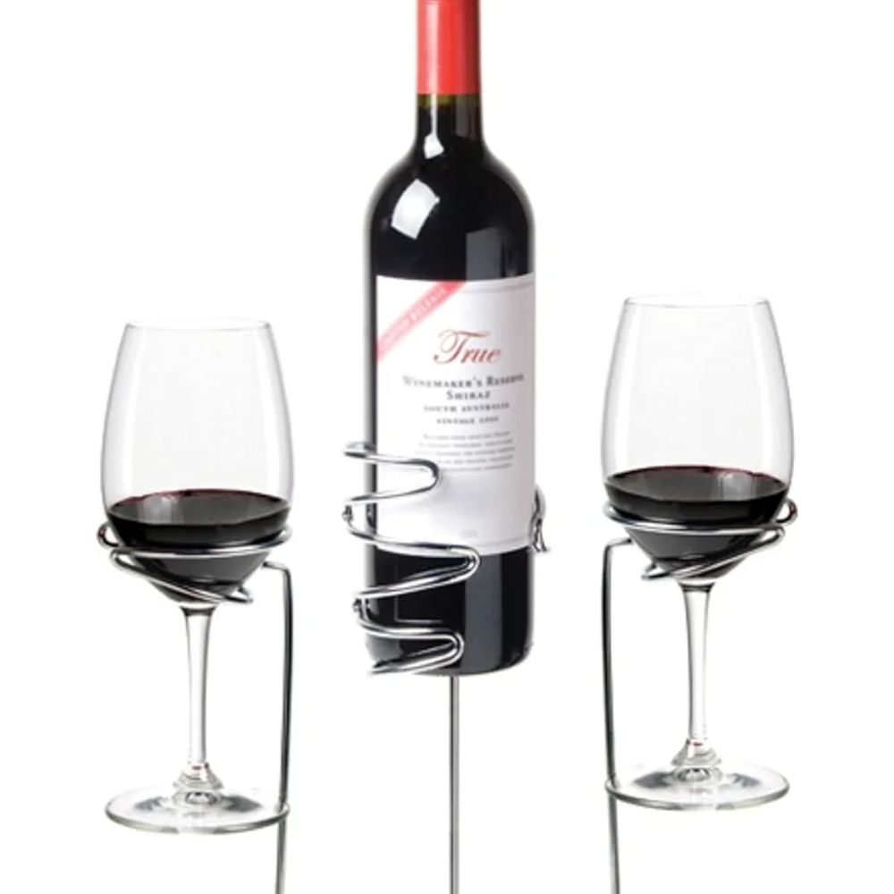True Stix Outdoor Wine Bottle and Glass Holder Stake Set - Silver